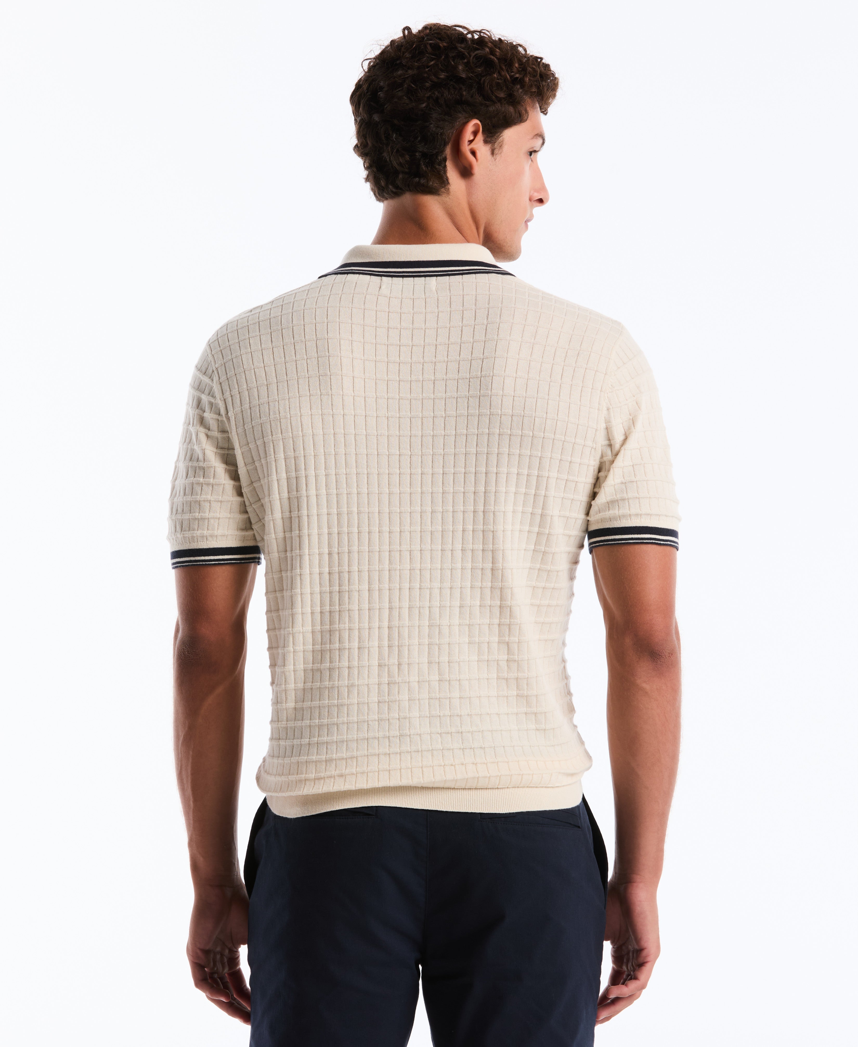 Grid Knit Johnny Collar Sweater Polo