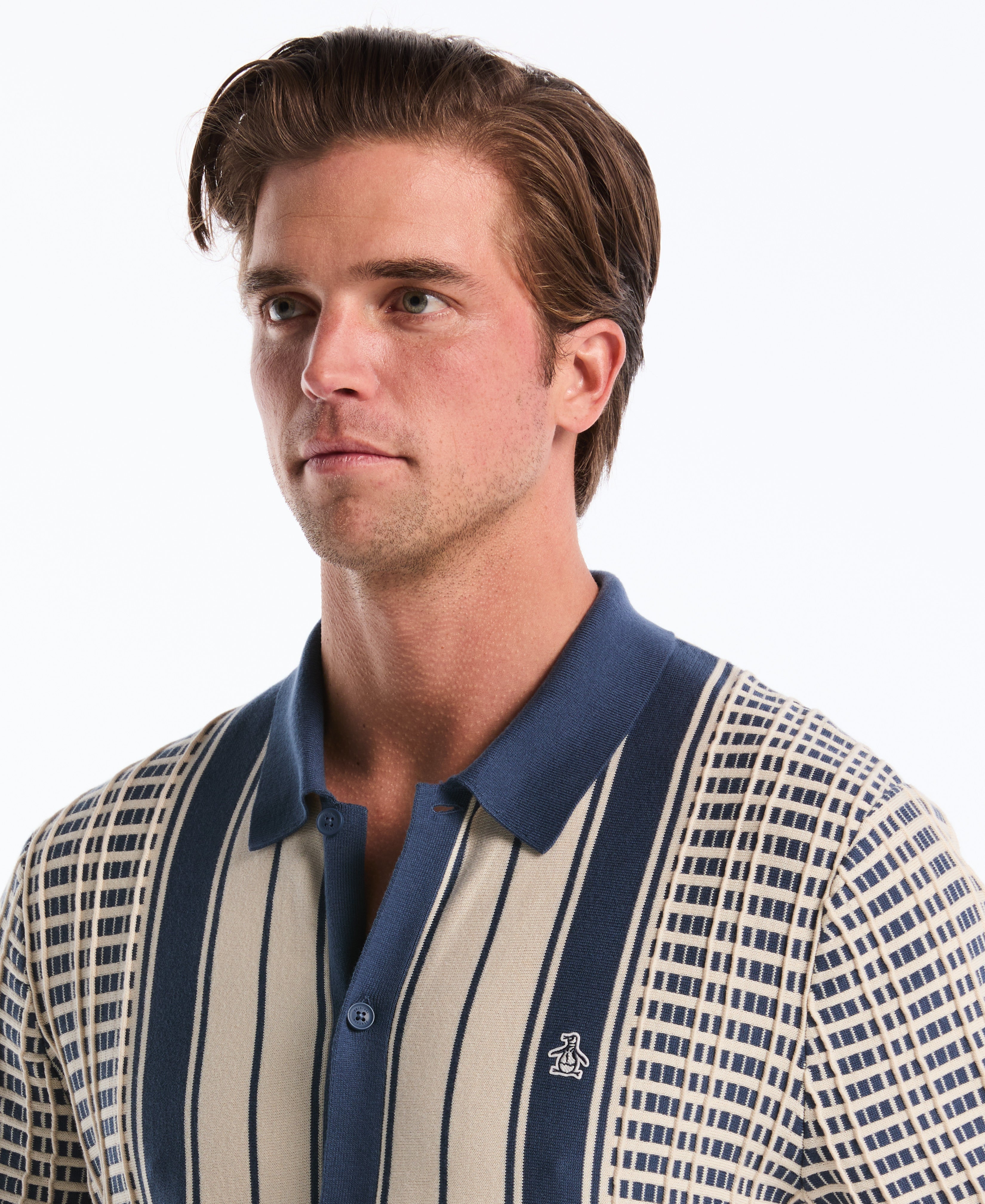 Plaid & Stripe Button-Front Sweater Polo